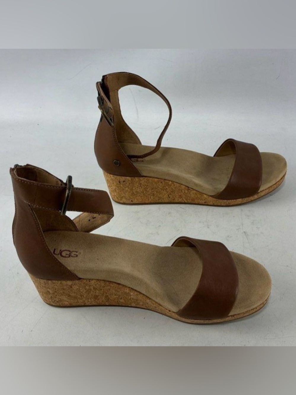 UGG, size 9, Brown Leather Ankle-Strap Cork Wedge Sandals